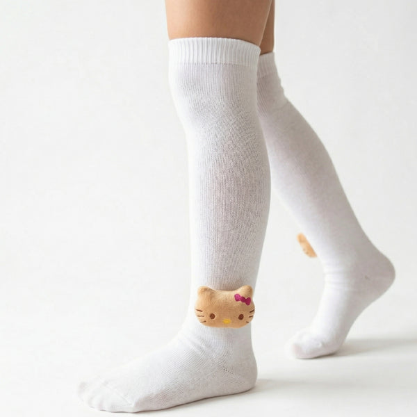 Unisex Cotton White Calf Length Kids Long Cat Face Socks-SK1488andF46