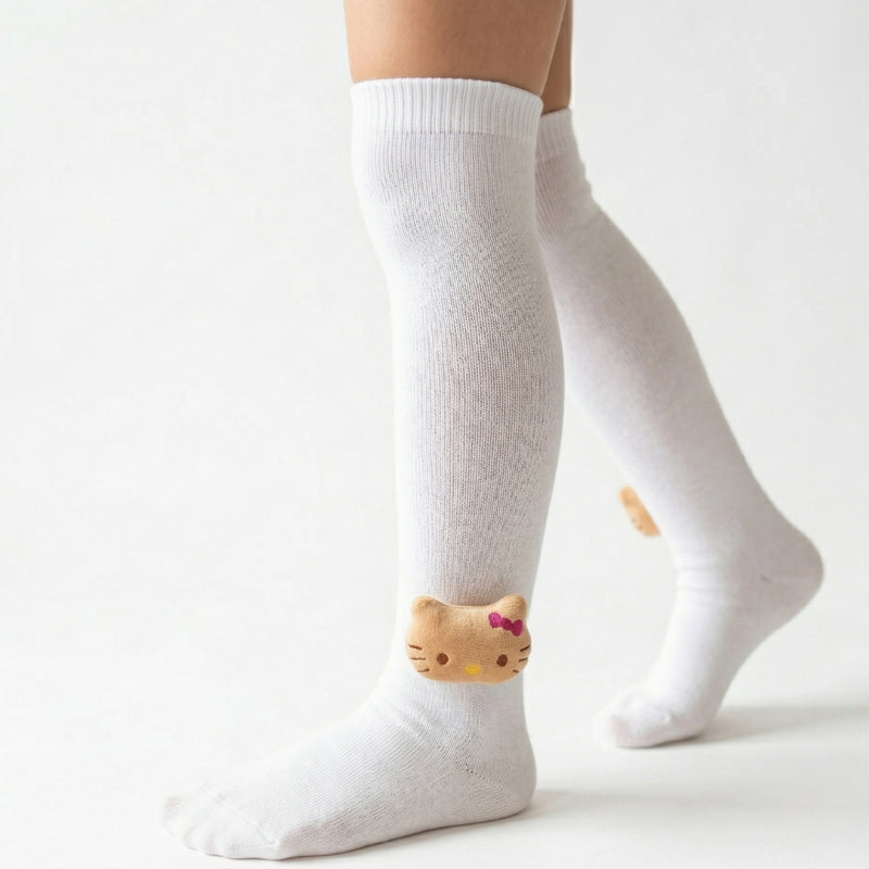 Unisex Cotton White Calf Length Kids Long Cat Face Socks-SK1487andF46