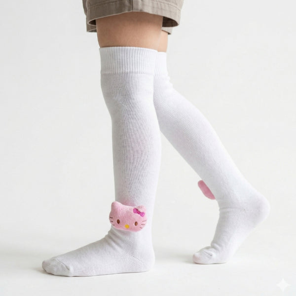 Unisex Cotton White Calf Length Kids Long Cat Face Socks-SK1488andF47