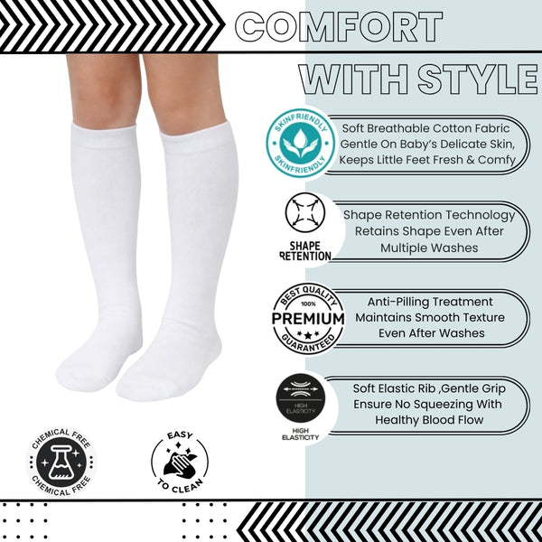Baby Unisex Cotton Plain Calf Length White Kids Long Socks-SK1487