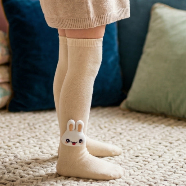 Unisex Cotton Beige Calf Length Kids Long Rabbit Face Socks-SK1489andF18