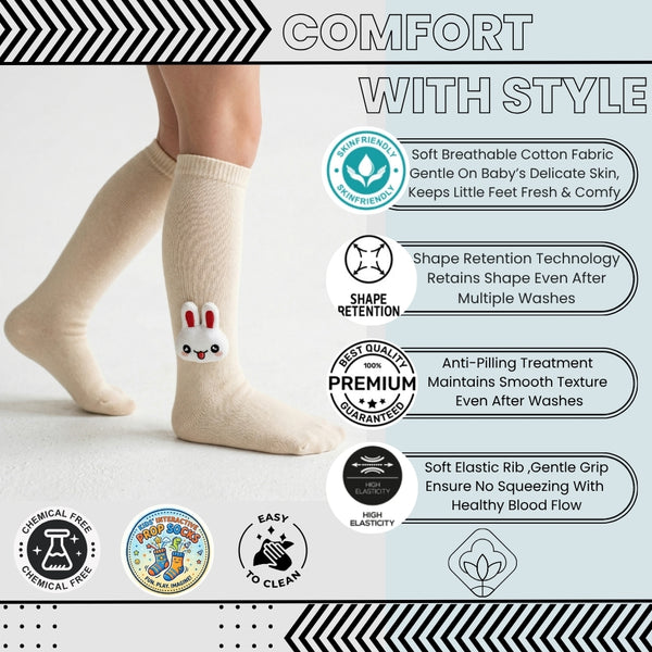 Unisex Cotton Beige Calf Length Kids Long Rabbit Face Socks-SK1489andF18