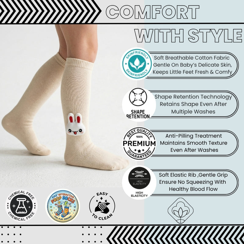 Unisex Cotton Beige Calf Length Kids Long Rabbit Face Socks-SK1490andF18