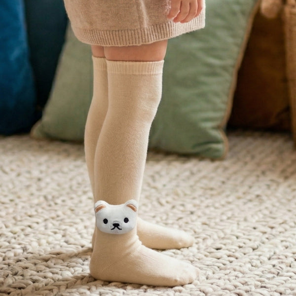Unisex Cotton Beige Calf Length Kids Long Bear Face Socks-SK1489andF22