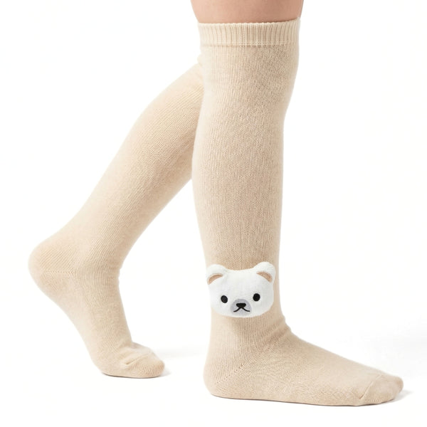 Unisex Cotton Beige Calf Length Kids Long Bear Face Socks-SK1490andF22