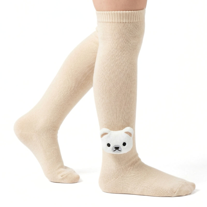 Unisex Cotton Beige Calf Length Kids Long Bear Face Socks-SK1489andF22