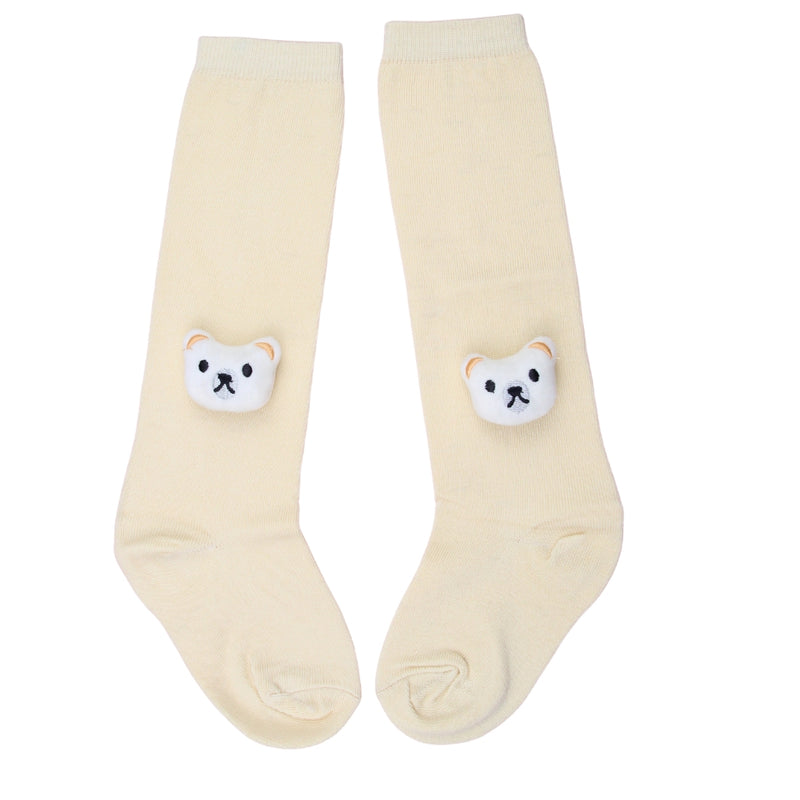 Unisex Cotton Beige Calf Length Kids Long Bear Face Socks-SK1490andF22