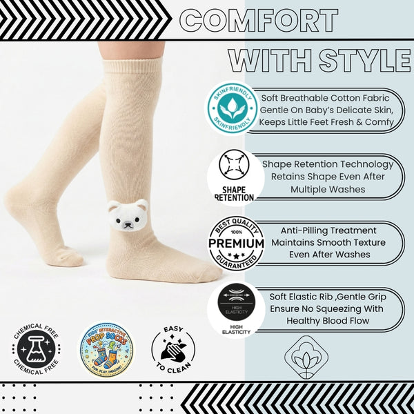 Unisex Cotton Beige Calf Length Kids Long Bear Face Socks-SK1491andF22