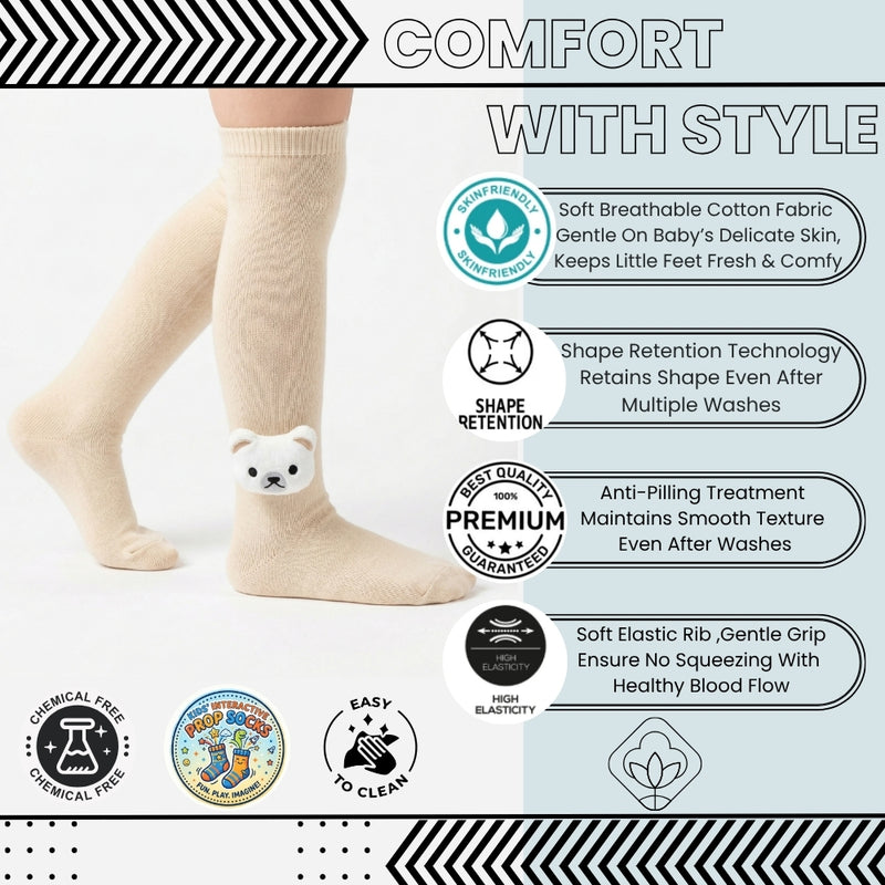 Unisex Cotton Beige Calf Length Kids Long Bear Face Socks-SK1491andF22