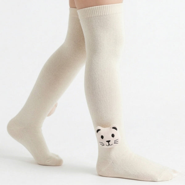 Unisex Cotton Beige Calf Length Kids Long Cat Face Socks-SK1489andF37