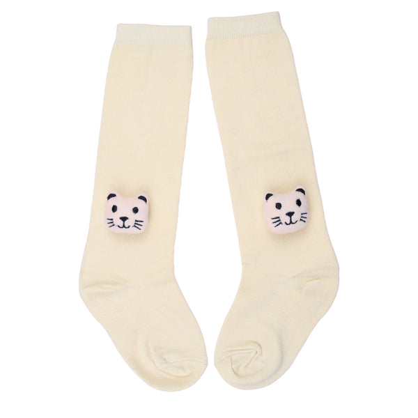 Unisex Cotton Beige Calf Length Kids Long Cat Face Socks-SK1489andF37
