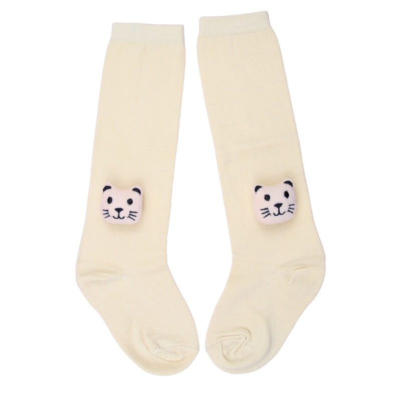 Unisex Cotton Beige Calf Length Kids Long Cat Face Socks-SK1489andF37