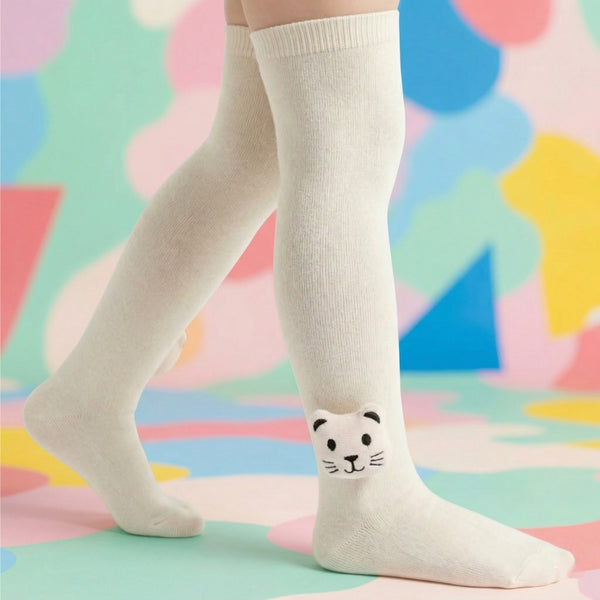 Unisex Cotton Beige Calf Length Kids Long Cat Face Socks-SK1490andF37