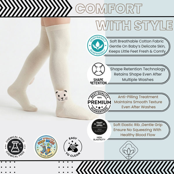 Unisex Cotton Beige Calf Length Kids Long Cat Face Socks-SK1489andF37