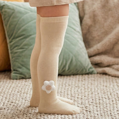 Unisex Cotton Beige Calf Length Kids Long Star Face Socks-SK1489andF42