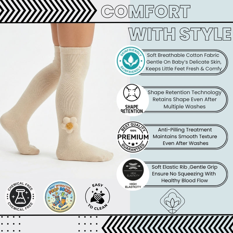 Unisex Cotton Beige Calf Length Kids Long Star Face Socks-SK1489andF42