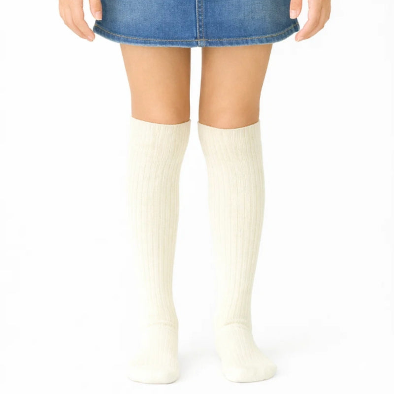 Baby Unisex  Cotton Plain Calf Length Beige Cream Kids Long Socks-SK1489