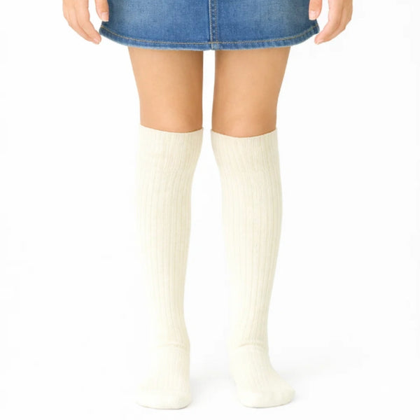 Baby Unisex Cotton Plain Calf Length Beige Cream Kids Long Socks-SK1491