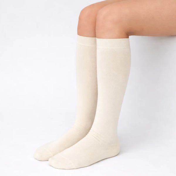 Baby Unisex Cotton Plain Calf Length Beige Cream Kids Long Socks-SK1491