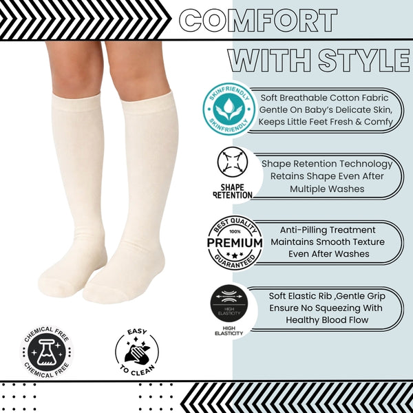 Baby Unisex Cotton Plain Calf Length Beige Cream Kids Long Socks-SK1491