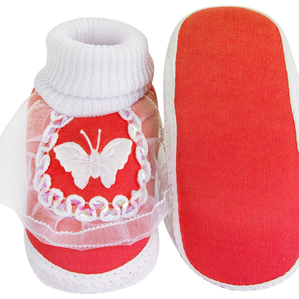 6 To 12 Months Baby Girls & Baby Boys Soft Cotton Cute Butterfly Booties (Red, White)-SK172