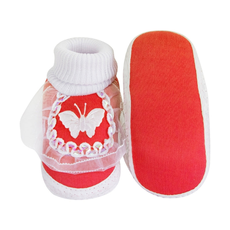 6 To 12 Months Baby Girls & Baby Boys Soft Cotton Cute Butterfly Booties (Red, White)-SK172