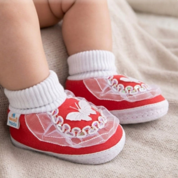 6 To 12 Months Baby Girls & Baby Boys Soft Cotton Cute Butterfly Booties (Red, White)-SK172