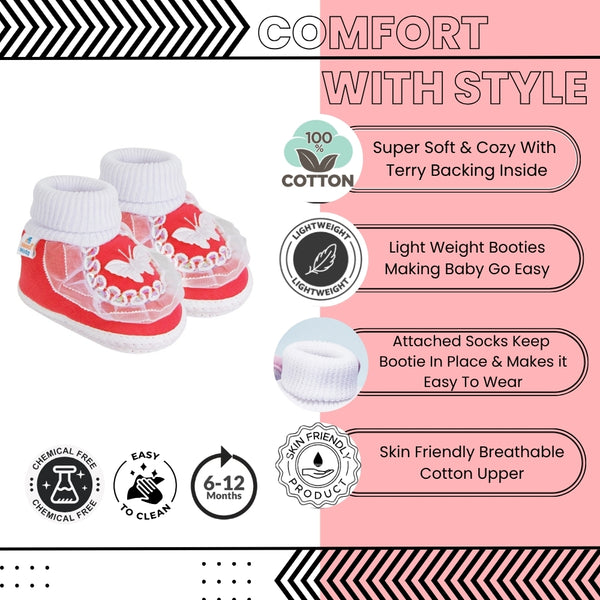 6 To 12 Months Baby Girls & Baby Boys Soft Cotton Cute Butterfly Booties (Red, White)-SK172