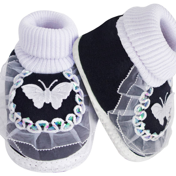 6 To 12 Months Baby Girls & Baby Boys Cotton Butterfly Frill Booties (White, Black)-SK176