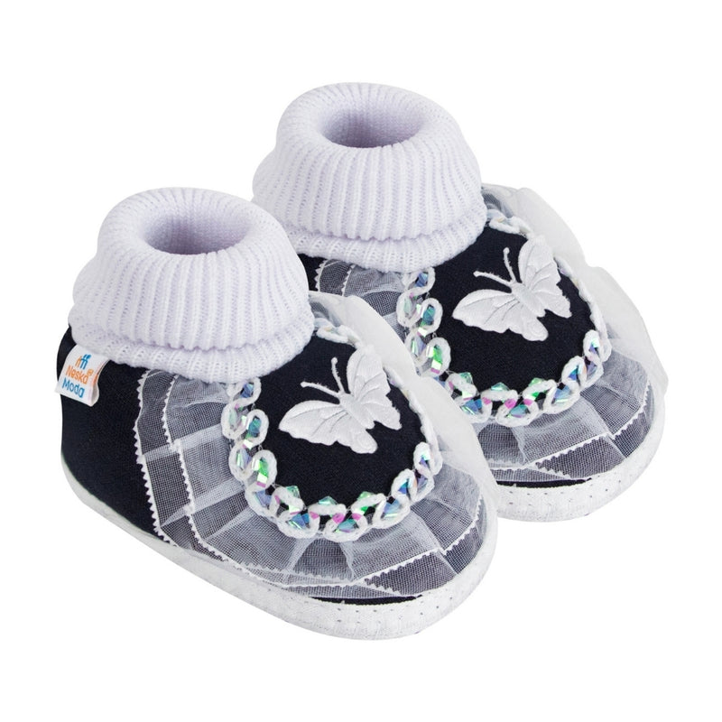 6 To 12 Months Baby Girls & Baby Boys Cotton Butterfly Frill Booties (White, Black)-SK176