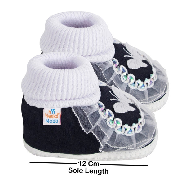 6 To 12 Months Baby Girls & Baby Boys Cotton Butterfly Frill Booties (White, Black)-SK176
