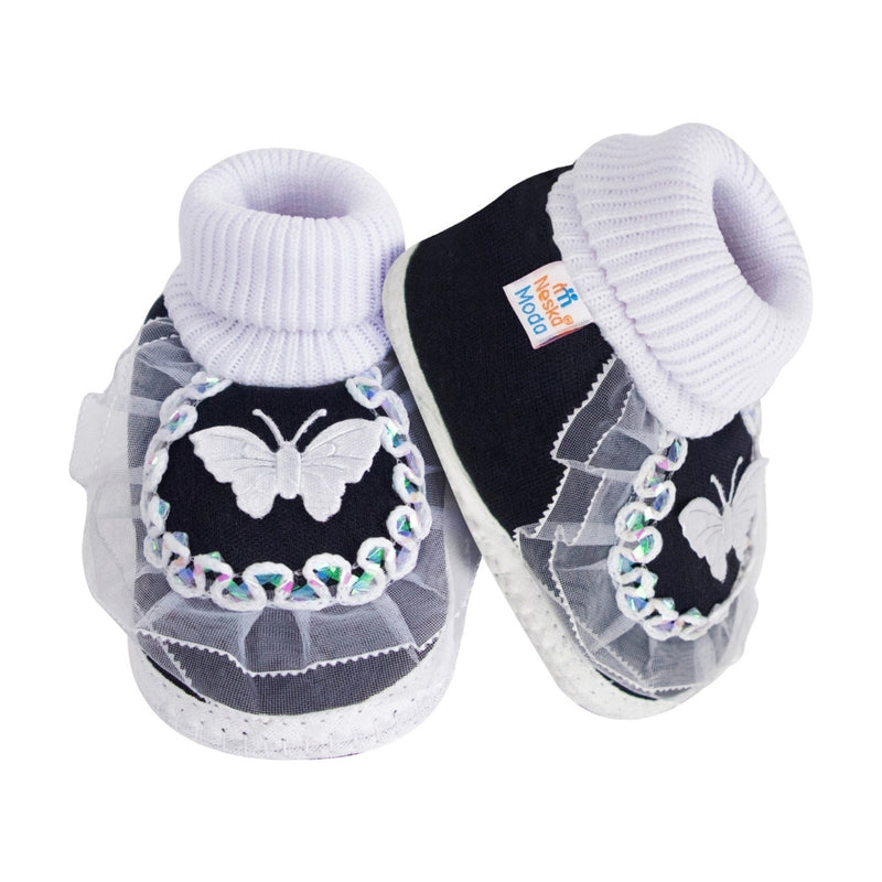 6 To 12 Months Baby Girls & Baby Boys Cotton Butterfly Frill Booties (White, Black)-SK176