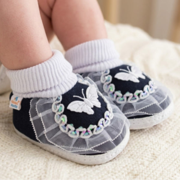 6 To 12 Months Baby Girls & Baby Boys Cotton Butterfly Frill Booties (White, Black)-SK176