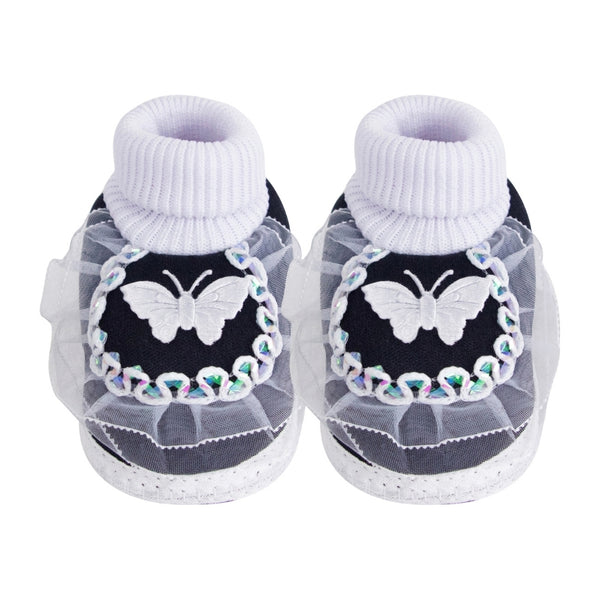 6 To 12 Months Baby Girls & Baby Boys Cotton Butterfly Frill Booties (White, Black)-SK176