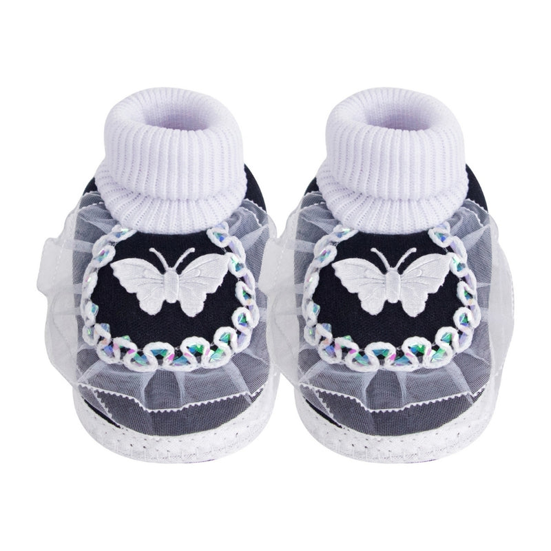 6 To 12 Months Baby Girls & Baby Boys Cotton Butterfly Frill Booties (White, Black)-SK176