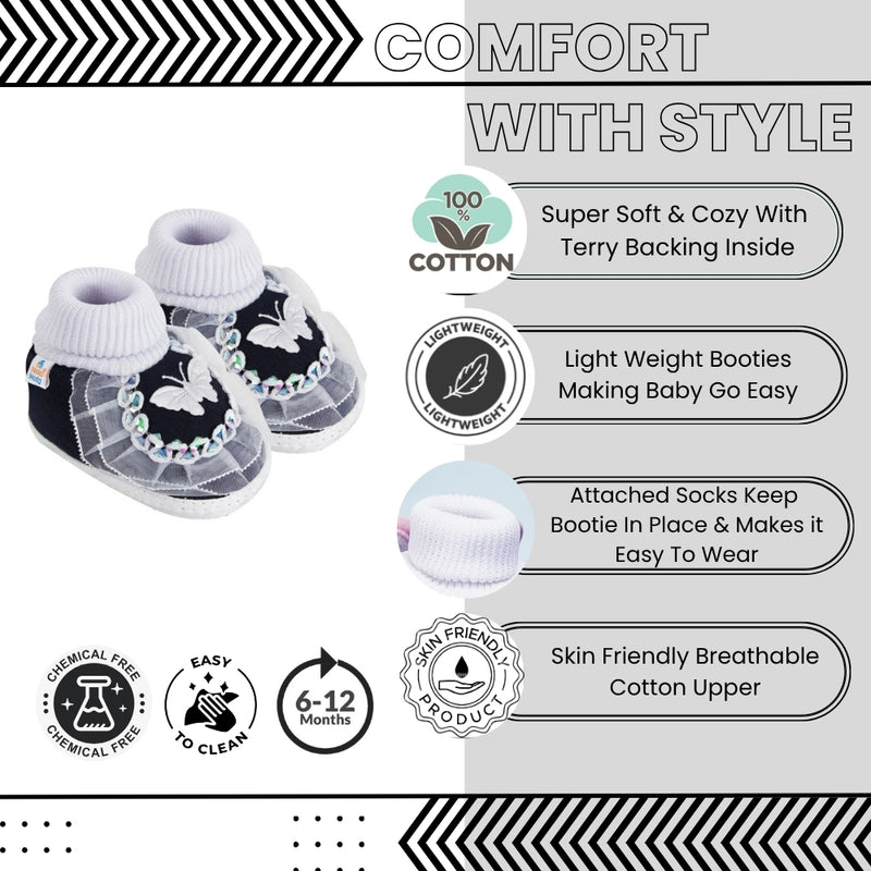 6 To 12 Months Baby Girls & Baby Boys Cotton Butterfly Frill Booties (White, Black)-SK176