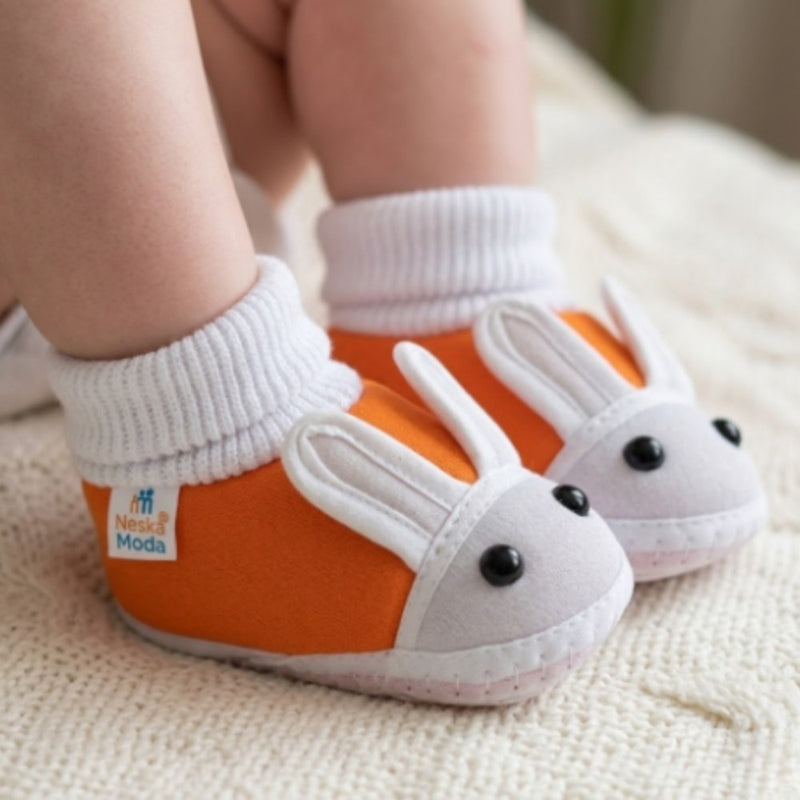 6 To 12 Months Baby Boys & Girls Cotton Pre-Walker Rabbit Face Booties (Pink, Orange)-SK177