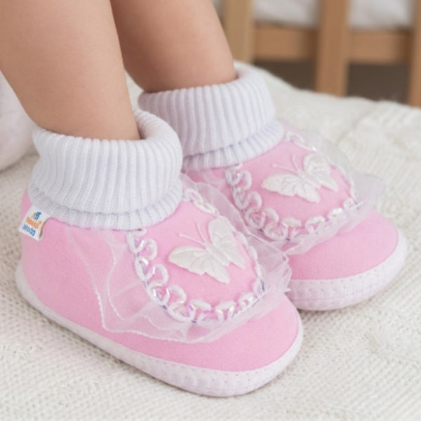 6 To 12 Months Baby Girls & Baby Boys Soft Cotton Butterfly Frill Booties (Multicolor)-SK179