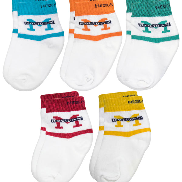 5 To 8 Years Boys & Girls 5 Pairs Cotton Ankle Socks (White,Blue,Red,Orange,Yellow,Green)-SK1022