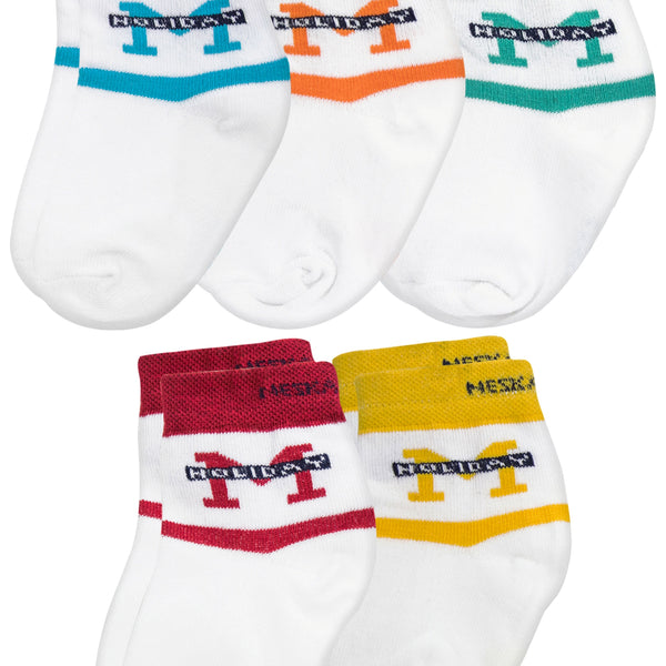 5 To 8 Years Boys & Girls 5 Pairs Cotton Ankle Socks (White,Blue,Red,Orange,Yellow,Green)-SK1022