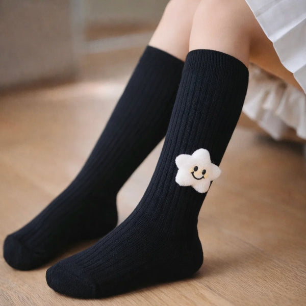 Baby Unisex Cotton Calf Length Black Kids Long Smiley Star Face Socks-SK960andF08