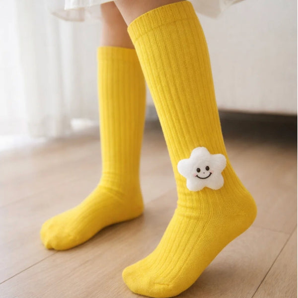 Baby Unisex Cotton Calf Length Yellow Kids Long Smiley Star Face Socks-SK961andF08