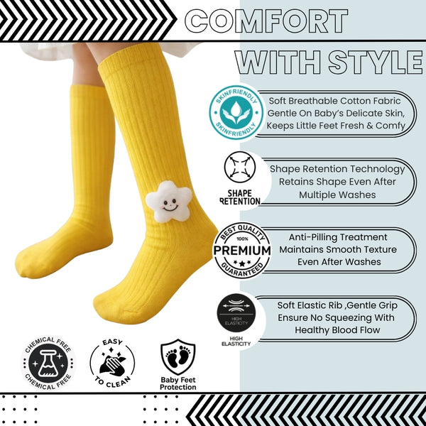 Baby Unisex Cotton Calf Length Yellow Kids Long Smiley Star Face Socks-SK961andF08