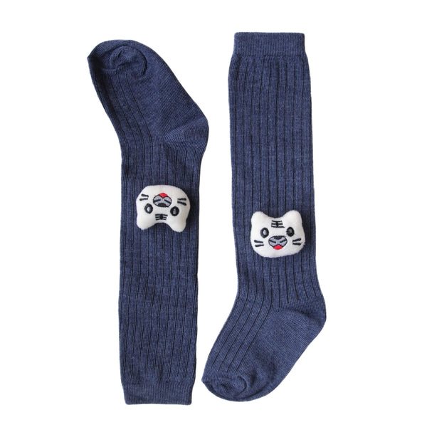 Baby Unisex Cotton Calf Length Blue Kids Long Cat Face Socks-SK962andF05