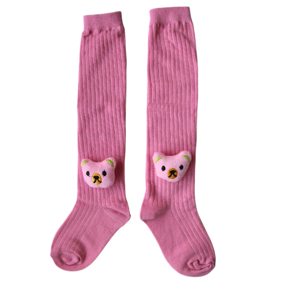 Baby Unisex Cotton Calf Length Pink Kids Long Bear Face Socks-SK963andF03