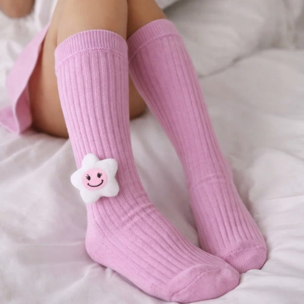 Baby Unisex Cotton Calf Length Pink Kids Long Smiley Star Face Socks-SK963andF07