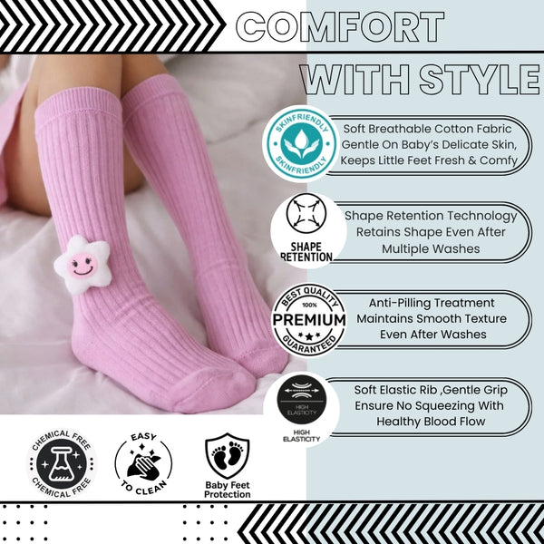 Baby Unisex Cotton Calf Length Pink Kids Long Smiley Star Face Socks-SK963andF07