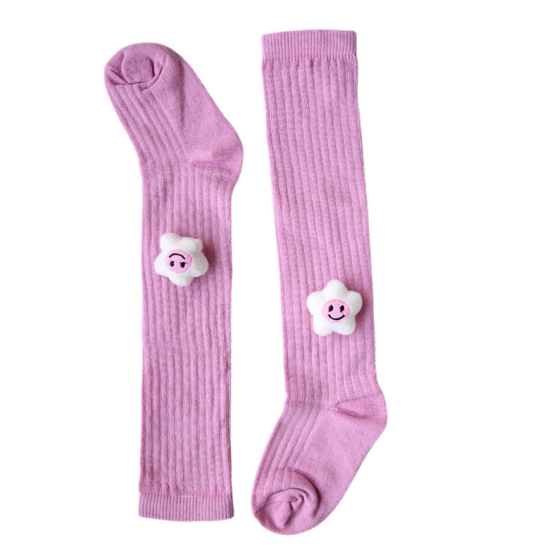 Baby Unisex Cotton Calf Length Pink Kids Long Smiley Star Face Socks-SK963andF07
