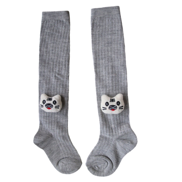 Baby Unisex Cotton Calf Length Grey Kids Long Cat Face Socks-SK965andF05