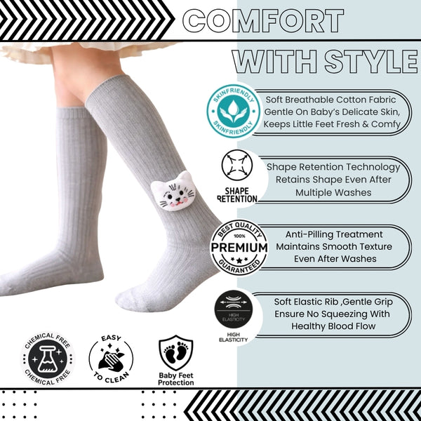 Baby Unisex Cotton Calf Length Grey Kids Long Cat Face Socks-SK965andF05